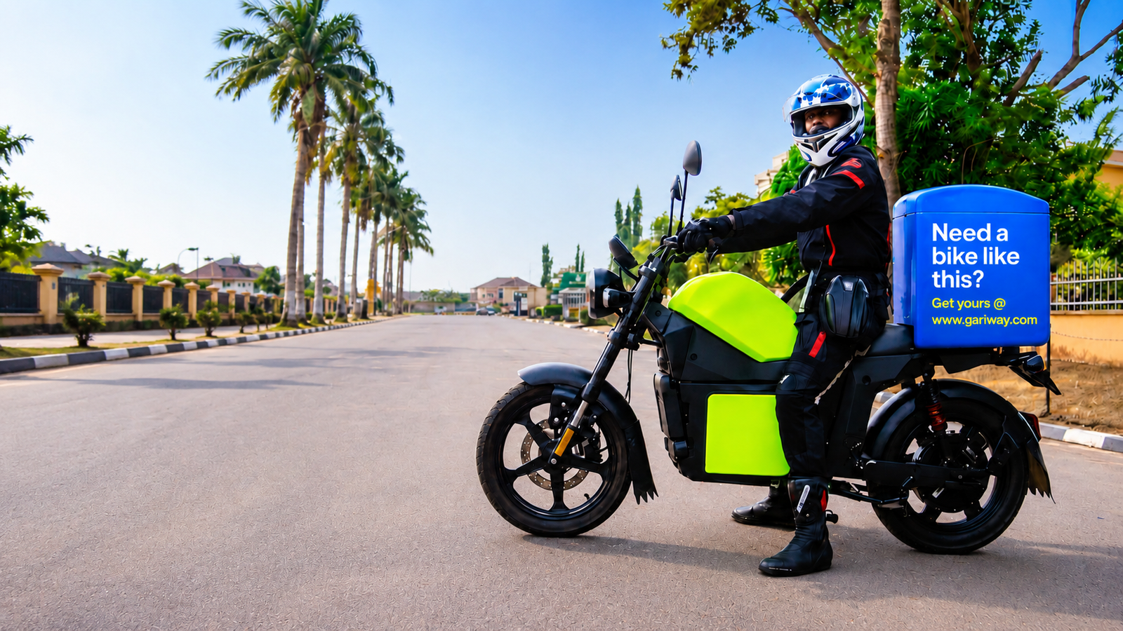 Front view of GARI with lime green fairing and Gariway logo on a black background.