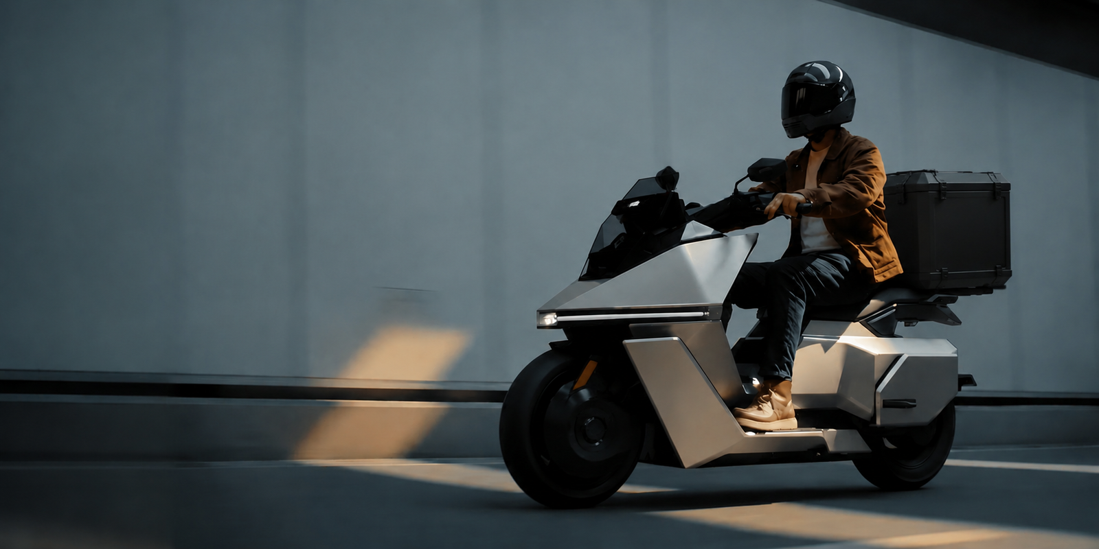 Rider on a futuristic silver electric motorcycle in an urban tunnel, warm side lighting.